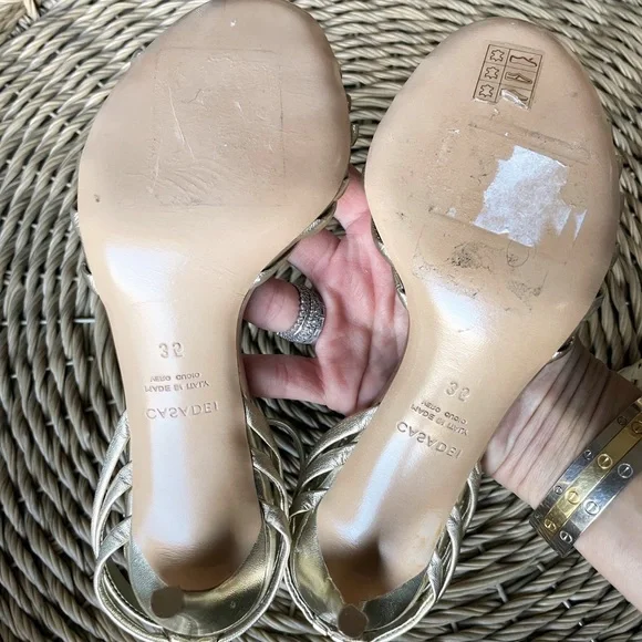 Casadei Gold Leather Strappy Woven Heeled Sandals - Picture 11 of 13